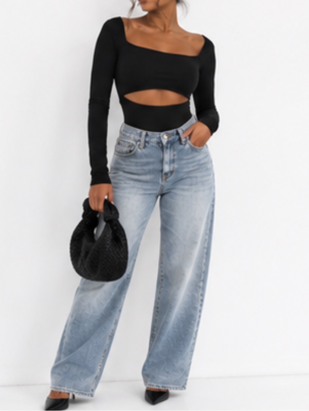 Adika Black Long Sleeve Cutout Bodysuit